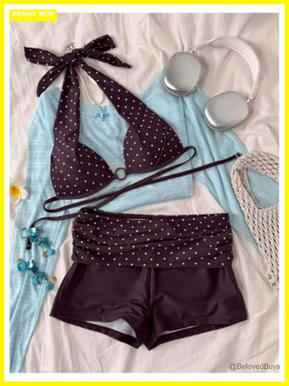 Polka Dots 2 Piece Halter Bikini Set Boyshorts Swimwear